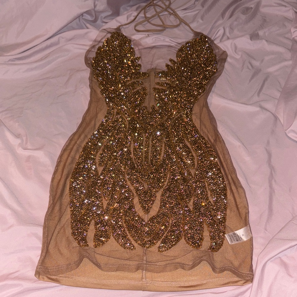 City Streets Nude Mesh Mini Dress with Gold Sequin Embellishment